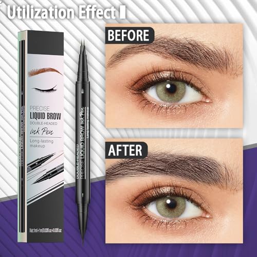 Pinkiou Eyebrow Pen,Microblading Eyebrow Pen,2-In-1 Waterproof Eyebrow Pen,Dual-Ended Eyebrow Pen with 2-Fork-Tips and Precision Brush,Eyebrow Pen for Natural Hair-Like Brows,Long Lasting,Dark Brown