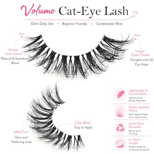 QUNETY Cat Eye False Eyelashes - 10 Pairs Wispy Mink Lashes