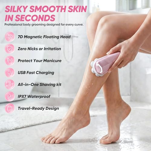 Pink Women Electric Shaver with 7D Magnetic Floating Heads Wet Dry Bikini Trimmer Kit