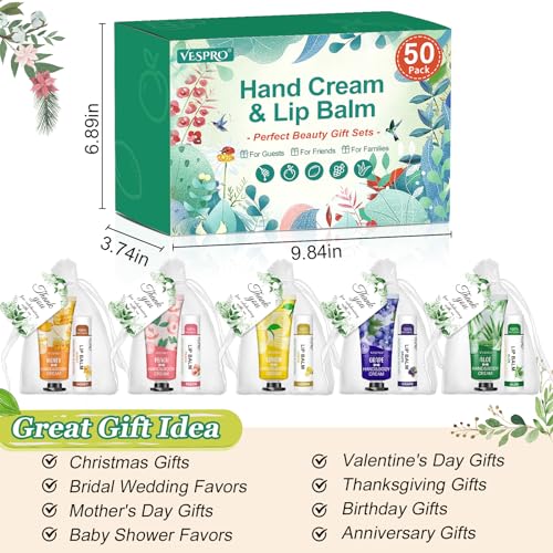 VESPRO 50 Sets Bulk Hand Cream & Lip Balm Favors with Organza Bags & Cards