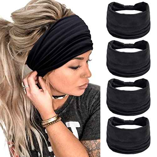 Huachi Wide Headbands for Women Black Stylish Head Wraps Boho Thick Hairbands Large African Sport Yoga Turban Headband Hair Accessories (Pack of 4)