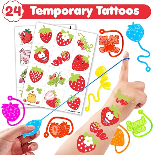 48PCS Strawberry Party Favors - 24PCS Berry First Temporary Tattoos & 24PCS Stick Hands - Perfect Birthday Supplies, Goodie Bag Stuffers, Treasure Box Toys, Classroom Prizes, and Student Gifts