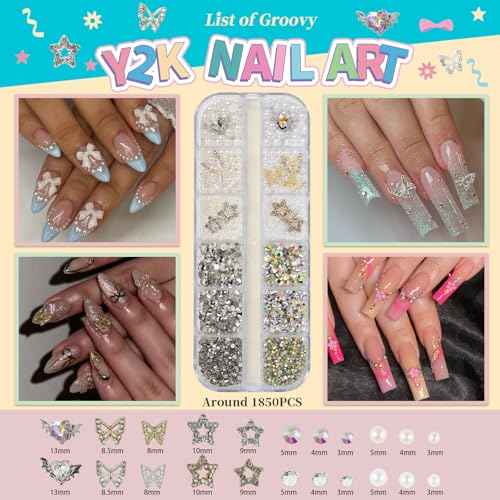 Nail Rhinestones , AB Crystal Nail Gems Flat Back Nail Rhinestones with Nail Pearls Star Heart Bows FLower Nail Charms and Rhinestone Picker Tools for Kwaii Y2K Nail Art Decor - 3 Boxes