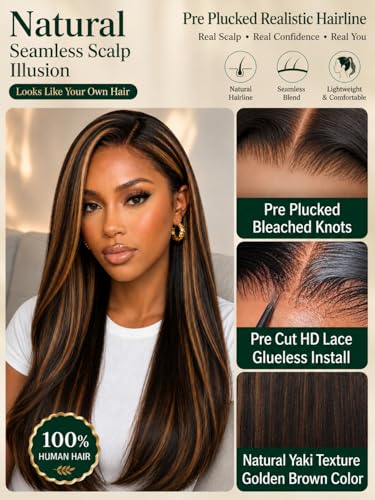 KLAIYI Ombre Golden Brown Yaki Straight Glueless Lace Front Wig 18"