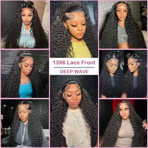 250% Density HD Lace Front Wigs Human Hair 13x6 Deep Wave Lace Front Wigs 28inch Bleached Knots Pre Plucked Curly Wig for Women 100% Human Hair Natural Color