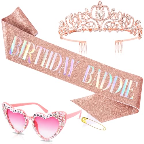 Rose Gold Birthday Decorations Set with Sash, Crown & Sunglasses for Women