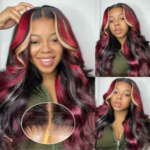 13X6 Burgundy Lace front Wigs Human Hair Ombre Lace Front Wig 24Inch 1B/27/99J Highlight Lace Front Wig Human Hair Burgundy Colored Body Wave Wigs Pre Plucked
