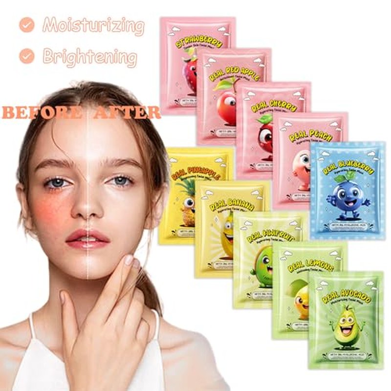 10 Pack Fruit Face Mask,Facial Mask for Kids Skin Care Moisturize,Brighten Soothe Spa Party Face Mask Set for Women Men Girls Nourish for All Skin Types Christmas Gifts