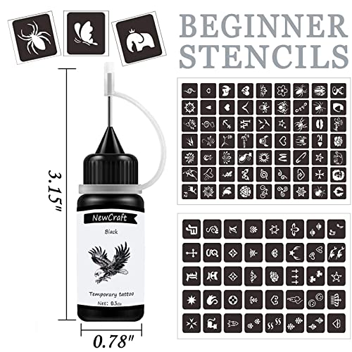 Black Temporary Tattoo Ink & Stencil Kit - 4 Pack with 103 Stencils