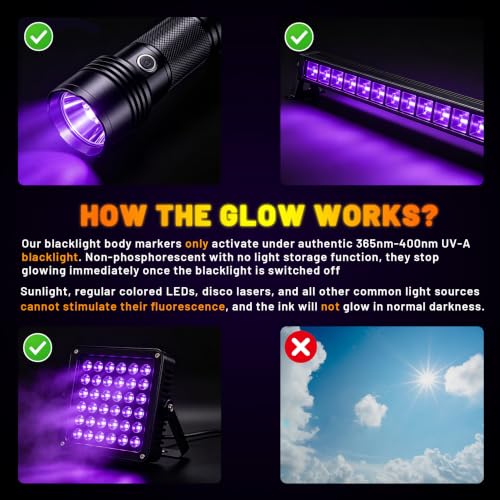 Glow In The Dark Face Paint Pens, 10 UV Neon Colors, Waterproof