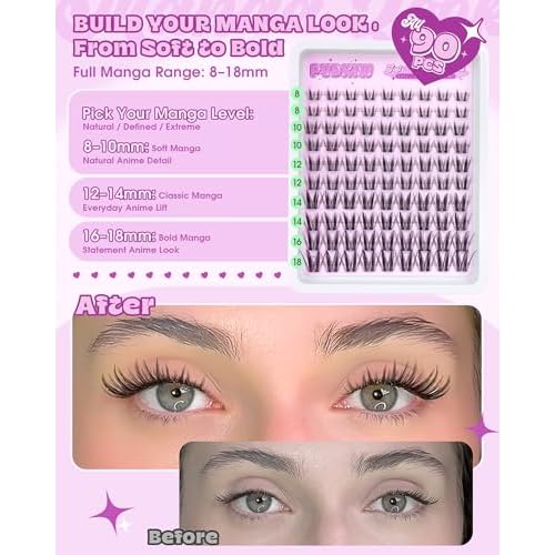 Bunny Lash Clusters Wipsy Lashes Manga Eyelash Clusters, 8-18MM C Curl Anime Eyelashes Cluster Natural Fairy Eyelash Extensions DIY Invisible Clear Band Individual Eye Lashes