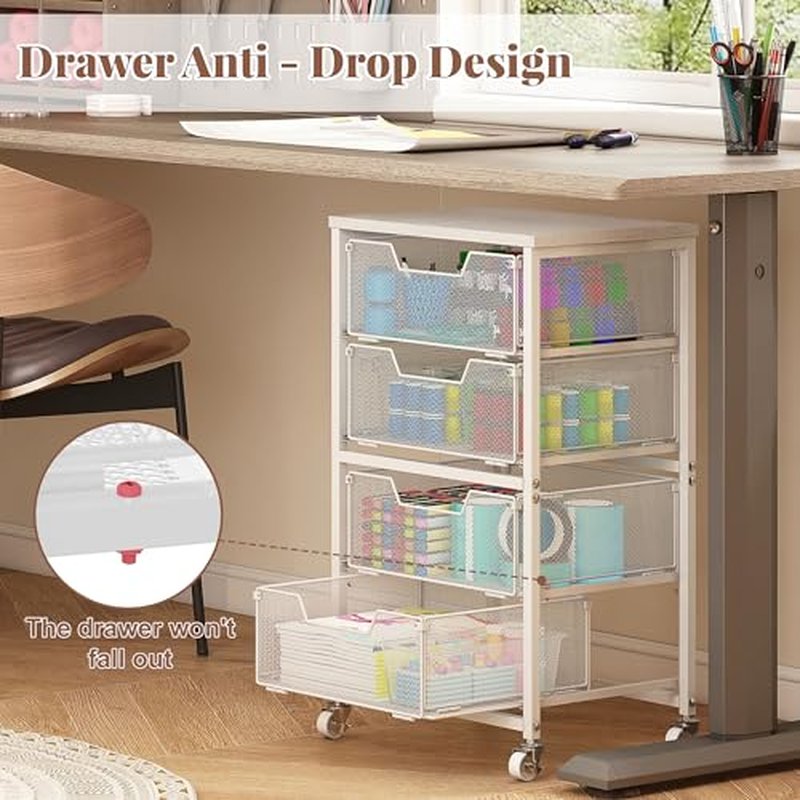 4-Drawer Metal Rolling Storage Cart with Wooden Top - White