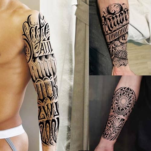 20 Sheets Maori Flower Full Arm Sleeve Temporary Tattoos For Women Adults Thigh, Half Arm Sleeve Tattoos For Men Prayer Rose Peony Florals Eagle Wolf Angel Wings, Black Halloween Fake Tattoo Stickers