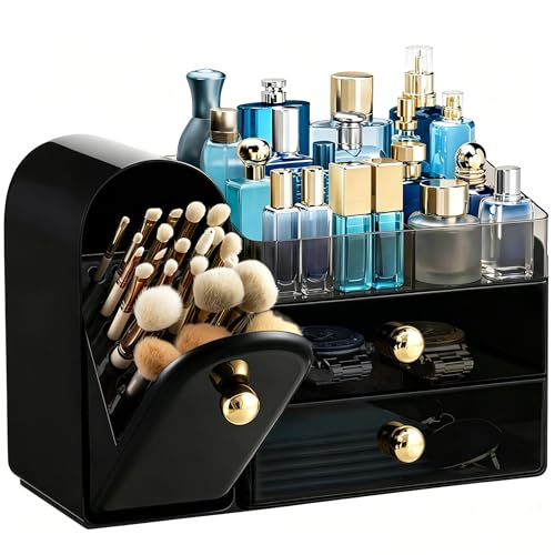 HBlife Makeup Organizer with Drawers & Brush Holder - Black & Gold