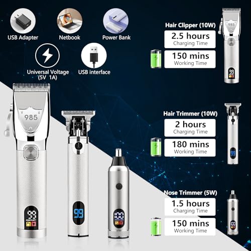 Professional Cordless Hair Clippers & Trimmer Set for Men - Silver