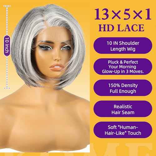 Grey Synthetic Lace Front Wig,Silver Side Part Short Straight Glueless Bob Wigs for White Women Daily Use 10IN (#2/60HL)