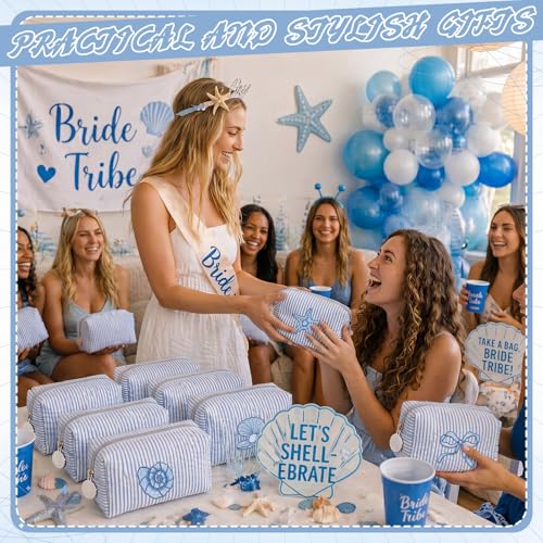 6 Blue Seersucker Cosmetic Bags with Striped Design