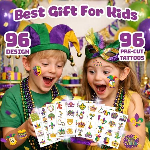 96 Mardi Gras Temporary Tattoos for Kids & Adults