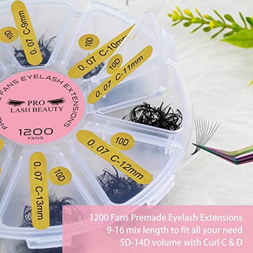 PRO LASHBEAUTY 1200 Fans Premade Volume Lash Extension Mixed Tray 5D-14D Handmade Lashes Bulk Soft Pointed Fans Black Nylon False Eyelashes