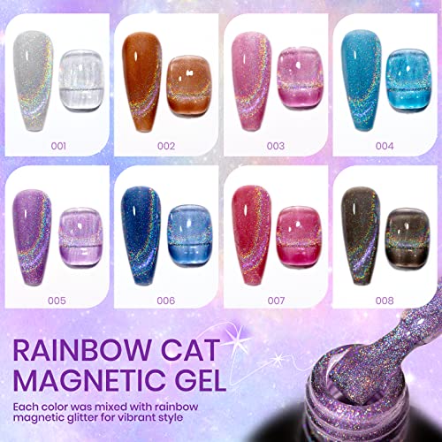 SUPWEE Rainbow Cat Eye Nail Gel Polish Set Sparkle Holographic 9D Cat Eye Gel Polish Laser Glitter Cat Eye Nail Polish Gel Magnetic Gel Soak Off Lamp Gel Varnish Nail Salon Kit (0.24fl oz)