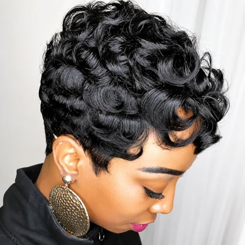 MOONSHOW Short Pixie Wig for Black Women - Curly Synthetic Hair
