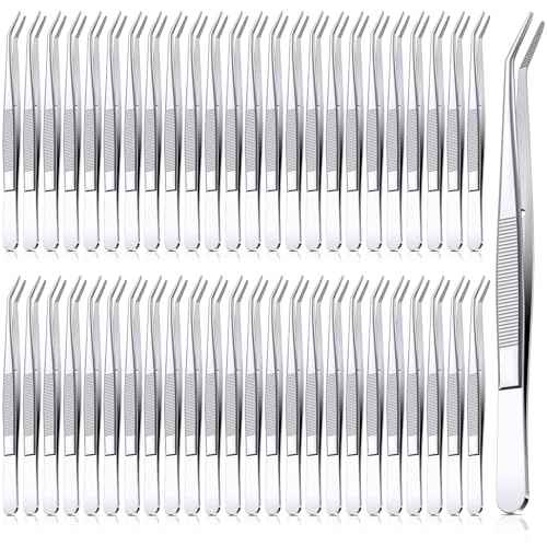 Honoson 48 Pcs Stainless Steel Tweezers for Crafting with Curved Serrated Tip Multipurpose Forceps Sewing Machine Tweezers Bulk (Silver)