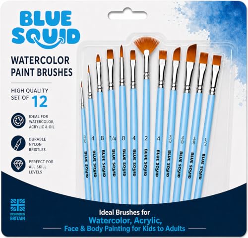 Blue Squid Light Blue Watercolor Paint Brushes Set of 12 - Artist & Face Painting