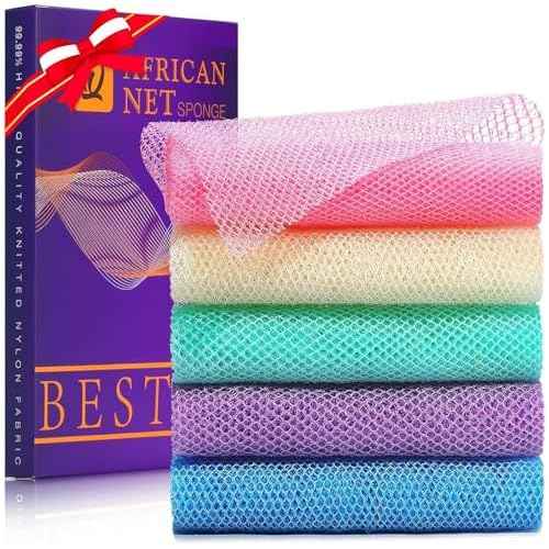 UJFQBH 5 Pieces African Bath Sponge African Net Long Net Bath Sponge Exfoliating Shower Body Scrubber Back Scrubber Skin Smoother,Great for Daily Use (Purple, Pink, Green, Blue, White)