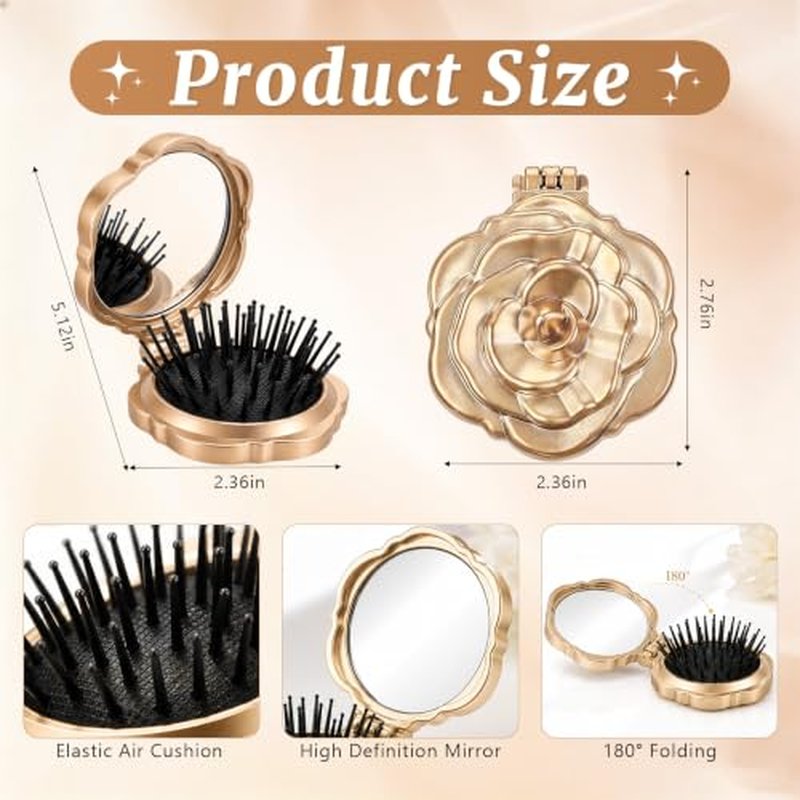 12 Pcs Mini Hair Brush Set with Mirror – Champagne Gold Compact