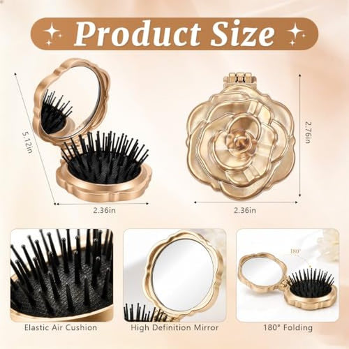 12 Pcs Mini Hair Brush Set with Mirror – Champagne Gold Compact
