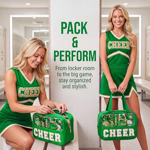 Green Cheerleading Makeup Bag with Chenille 'CHEER' Letters - Large Travel Organizer for Girls & Women