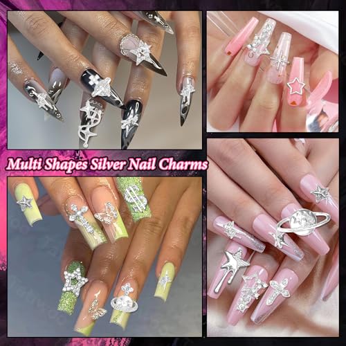 130 Pcs Silver Star and Cross Nail Charms for Acrylic Nails, Y2K Nail Art Supplies