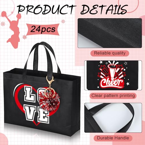 Landical 72 Pcs Cheerleading Gifts 24 Cheer Bags Portable 24 Pom Pom Keychain 24 Cheerleading Bracelet Canvas Cheerleading Makeup Bag Bulk Cheer Gifts Female Teammates Toiletries Accessories(Red)