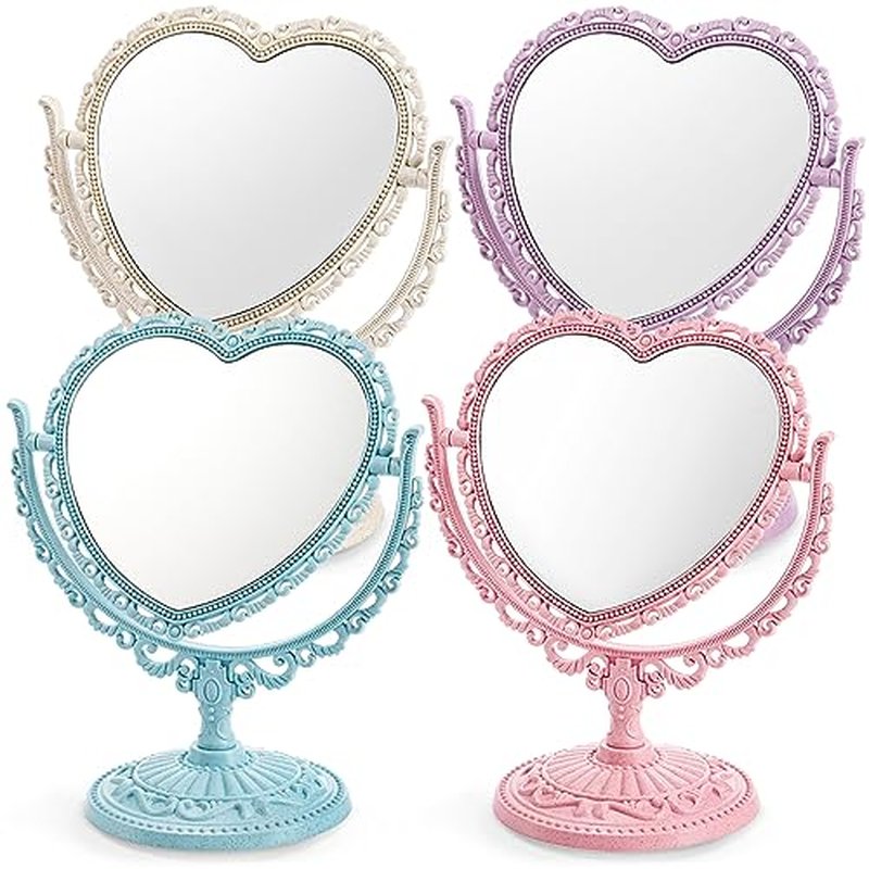 DEAYOU 4 Pack Heart Shaped Cosmetic Mirror, Vintage Vanity Tabletop Mirror with Double Sided, Rotatable Dresser Mirrors with Stand for Makeup, Girl, Women, Beauty, Spa Party, 4 Color