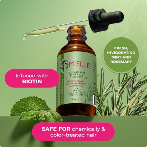 Mielle Organics Rosemary & Mint Hair Oil - Strengthening Biotin Oil Infused Frizzy & Damaged Hair Care - Split Ends & Dry Scalp Treatment to Support Longer, Healthier Strands, 2oz