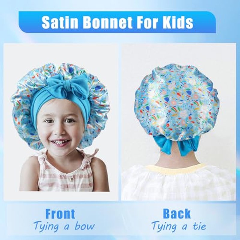 3 Pcs Kids Satin Bonnet,Soft Silk Bonnet for Kids,Kids Hair Satin Bonnet for Sleeping with Elastic Wide Band,Colorful Night Hats for Girls Toddler Teens Natural Hair(3 Colors)