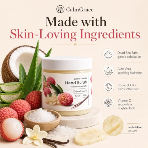 CalmGrace Exfoliating Hand Scrub - Dead Sea Salt & Lychee Vanilla (250g)