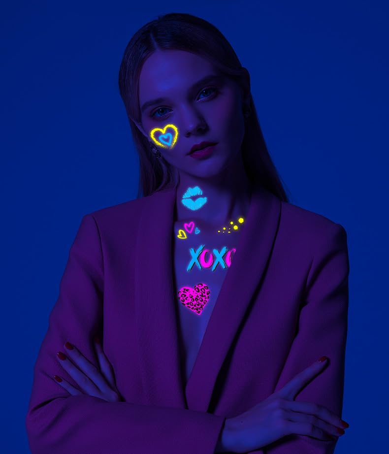 Glow in the Dark Heart Temporary Tattoos - Waterproof Neon