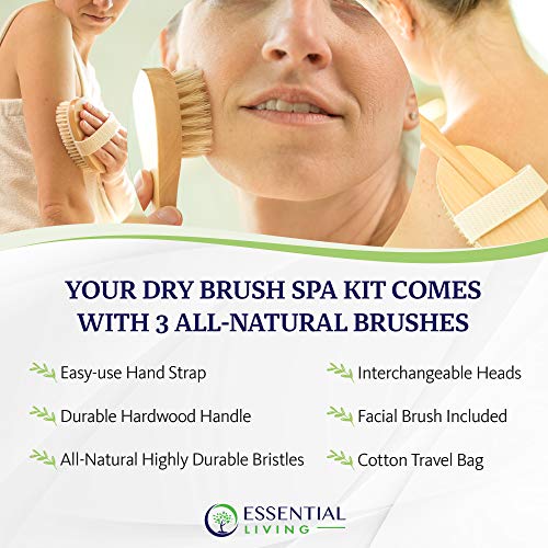 Essential Living: 3-Piece Dry Brushing Spa Kit - 1 Face Brush, 2 Body Scrub Brushes and a Cotton Bag - Body and Skin Care for Exfoliation, Blood Circulation and Lymphatic System Stimulation Support