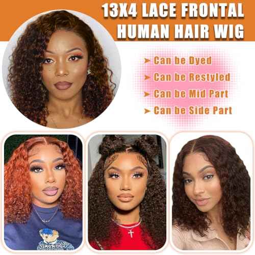 DJFG Deep Wave Lace Front Wigs Human Hair Curly Wig Human Hair HD Frontal 200 Density 13x6 Lace Brown 12 Inch