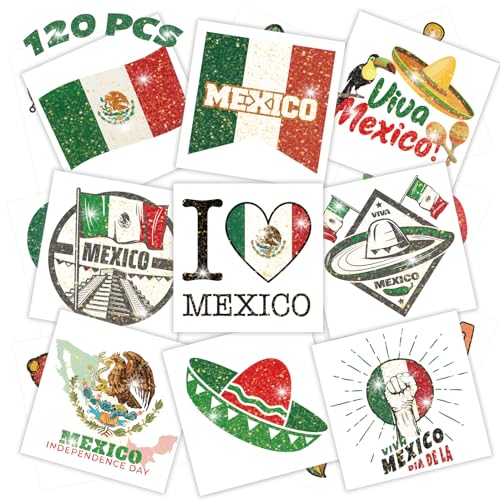 120 Pcs Mexican Independence Day Glitter Temporary Tattoos