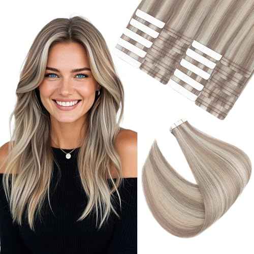 Elailite Tape in Hair Extensions Human Hair Thick Real Remy Hairpieces Ash Blonde & Bleach Blonde 16 Inch 50g 20pcs Straight Invisible Seamless Skin Weft Best Tape for Women