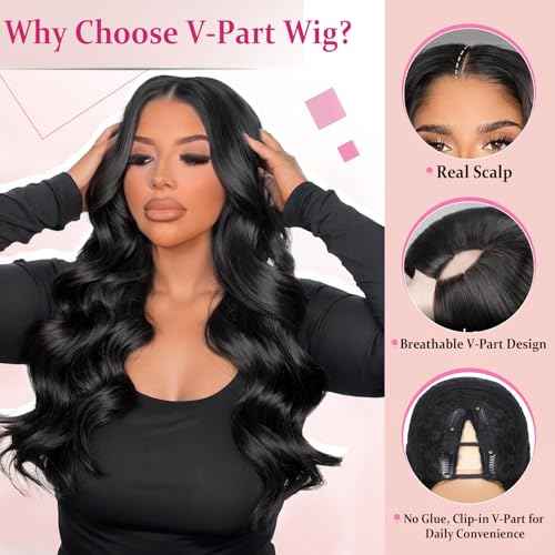 V Part Wig Body Wave Upgrade U Part Wigs for Black Women Premium Protein Silk Fiber & Human Hair Blended, Clip in V-Part Half Wigs Glueless Wear and Go 180% Density Natural Black 20 Inch