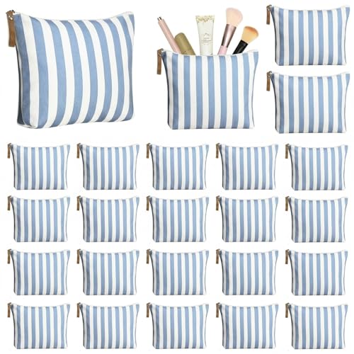 24 Pcs Blue Striped Makeup Bags - Durable Canvas Travel Organizers
