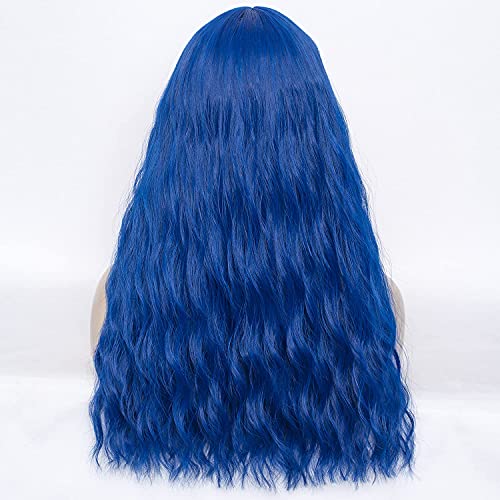 WGPFWIG Women's Blue Wig 22''Long Curly Wavy Wig Shoulder Length Flat Bangs Wig For Women Girl Cosplay Party Halloween Wig Cap Included (22''Blue)