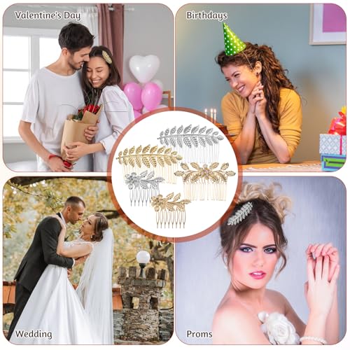 5Pcs Leaf Hair Combs with Rhinestones Gold Silver