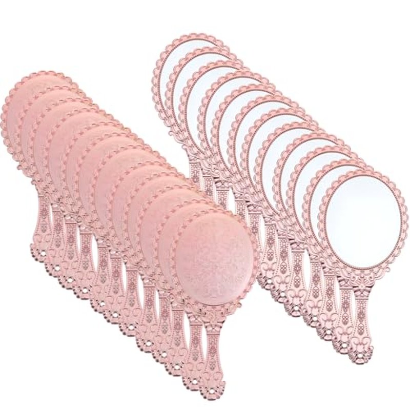 12 Pcs Vintage Handheld Mirror 9.6" L x 4.5" W Portable Pink Embossed Flower Mirrors Princess Mirror Party Favors Retro Hand Held Decorative Mirrors Bulk for Makeup, Travel, Party, Classroom