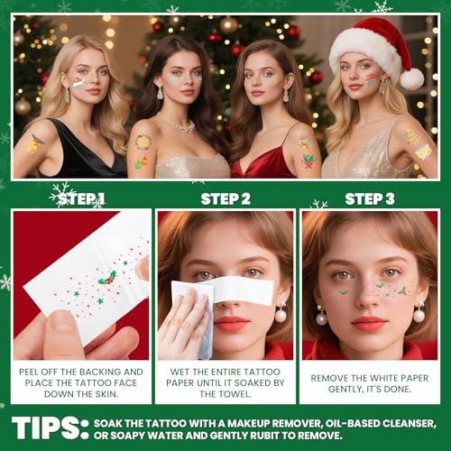 Cerlaza Christmas Decorations, Glitter Freckles Face Tattoos, Christmas Temporary Fake Tattoo Stickers for Adults, Xmas Accessories, Holiday Outfits for Women, Party Favors, Stocking Stuffers