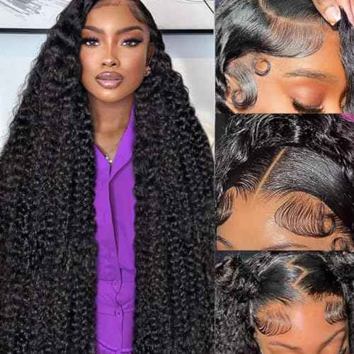 13x6 Deep Wave Lace Front Wigs Human Hair 220 Density HD Transparent Pre Plucked Deep Curly Frontal Wigs Human Hair for Women Natural Black 24 Inch