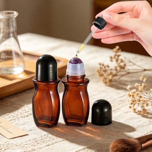 YEXEXINM 2 Pack 1.7oz Amber Glass Roll-On Bottles with Crystal Rollerball